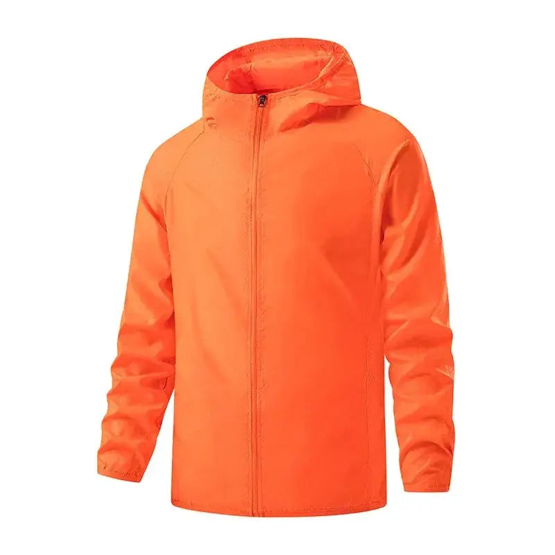 Unisex waterproof hiking jacket in bright orange with hood