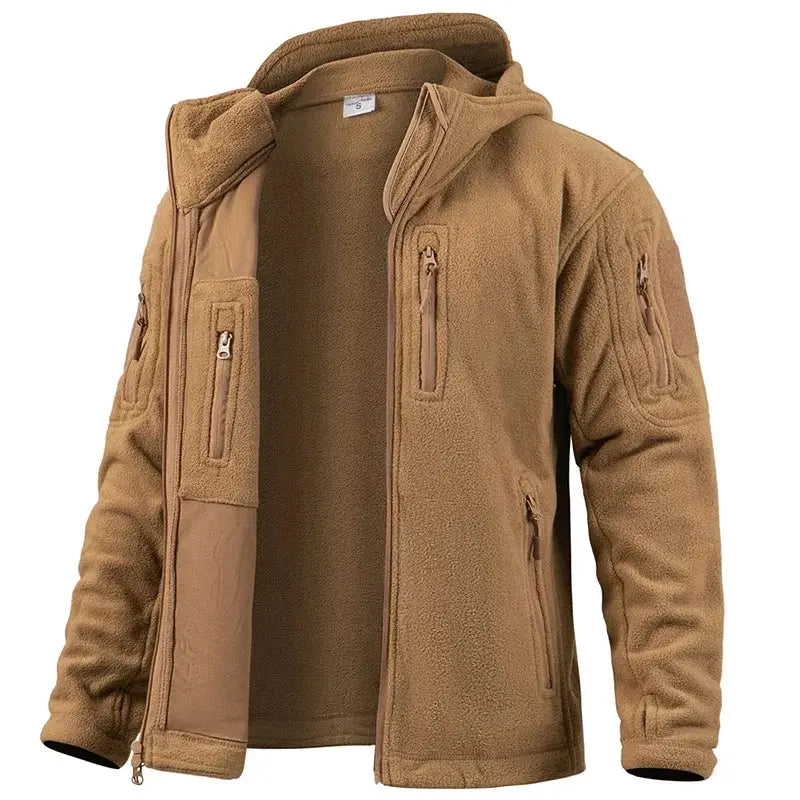 Simples Market men's hunting fleece jacket, tan fleece-lined full-zip with hood and multiple pockets.