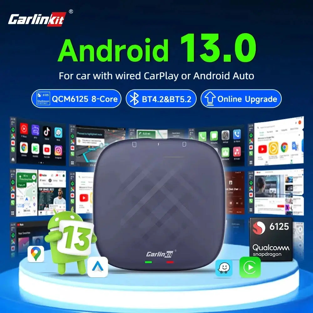 Garlinkit Android 13 TV Box for CarPlay/Android Auto, dark gray 8-core QCM6125 device with Netflix/YouTube icons