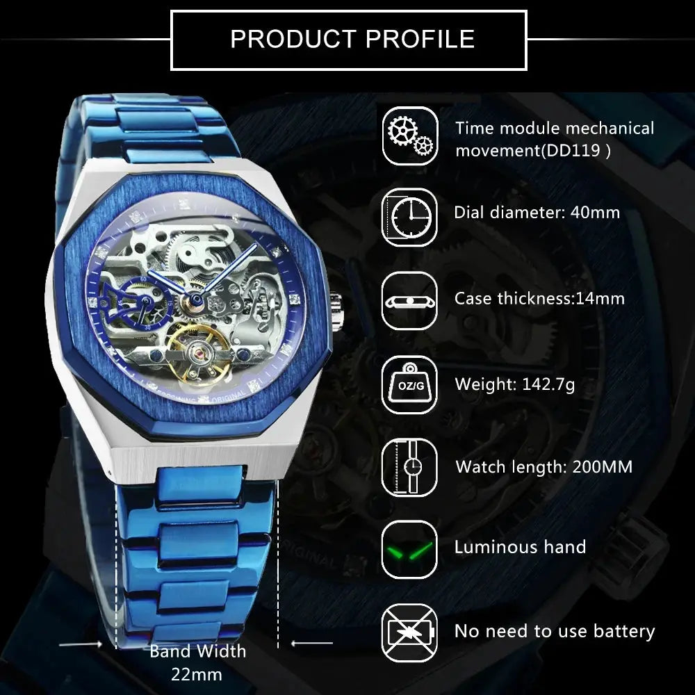 Forsining men's skeleton automatic watch with blue stainless steel band and luminous hands