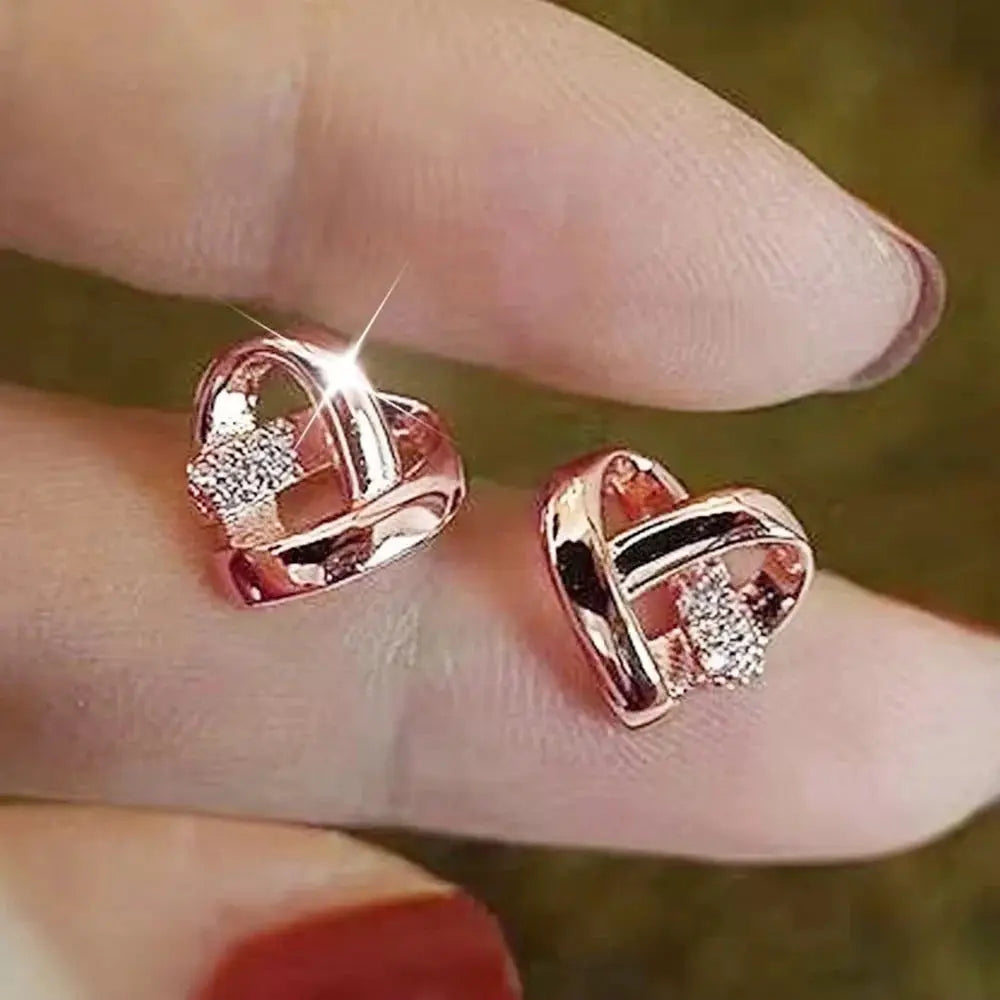 Huitan Eternity Love Heart stud earrings, rose gold copper alloy with cubic zirconia, 2-pc set