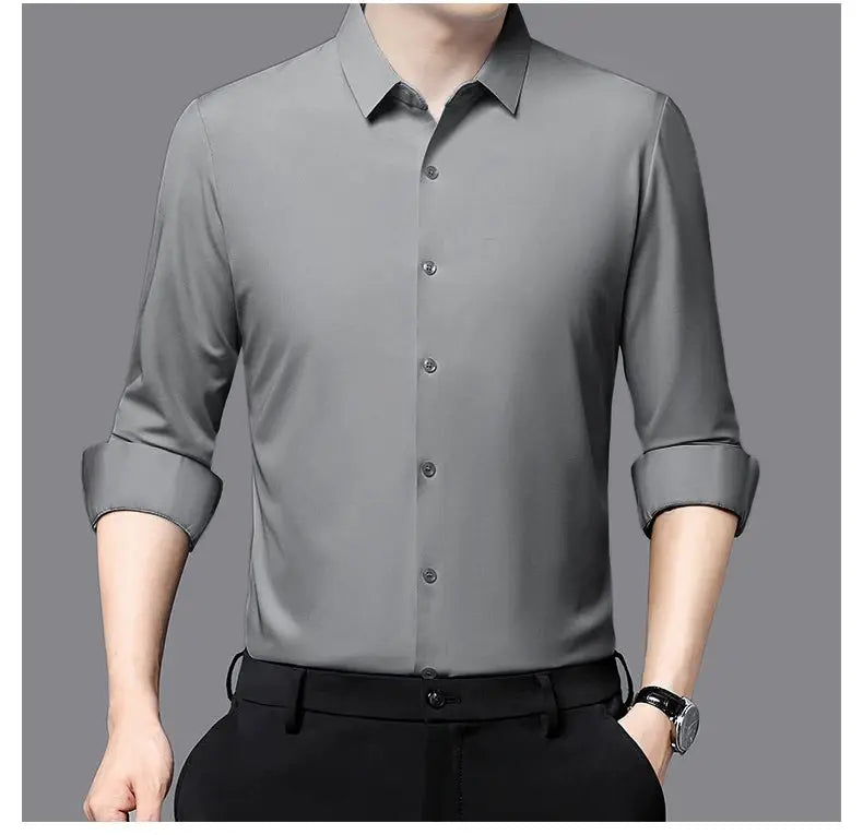 Simples Market Premium men's ultra-stretch gray silky long-sleeve shirt for business and casual wear