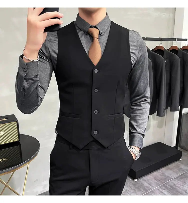 Waistcoat by Simples Market; black elastic vest over gray dress shirt with brown tie