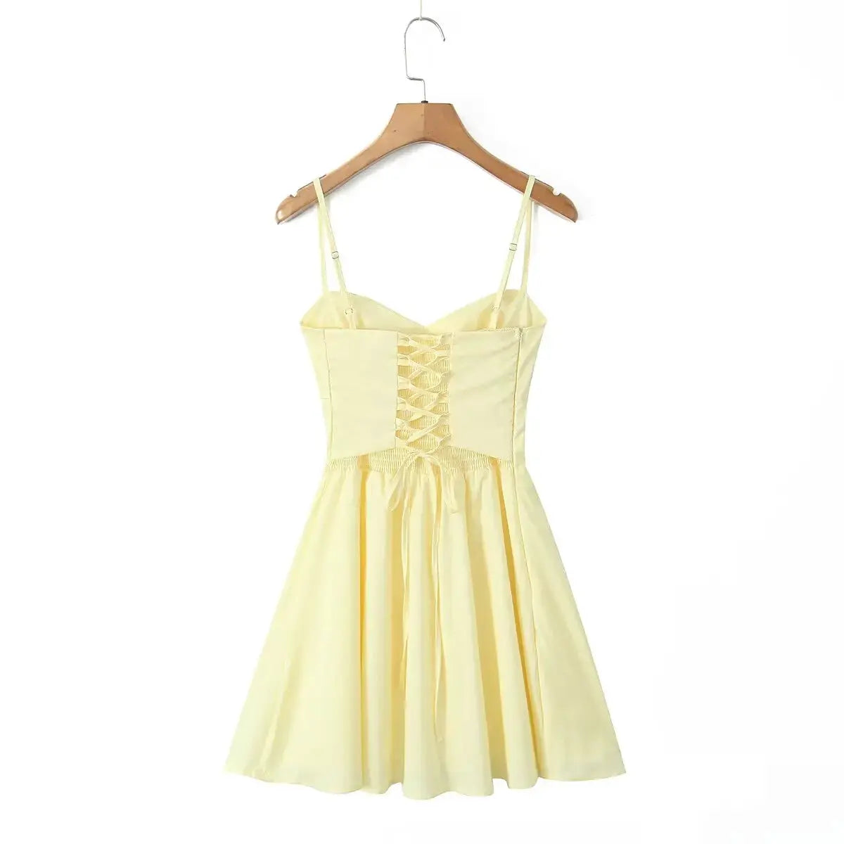 Yenkye Sexy Elegant Fishbone Waist Mini Dress Yellow Lace Up Back