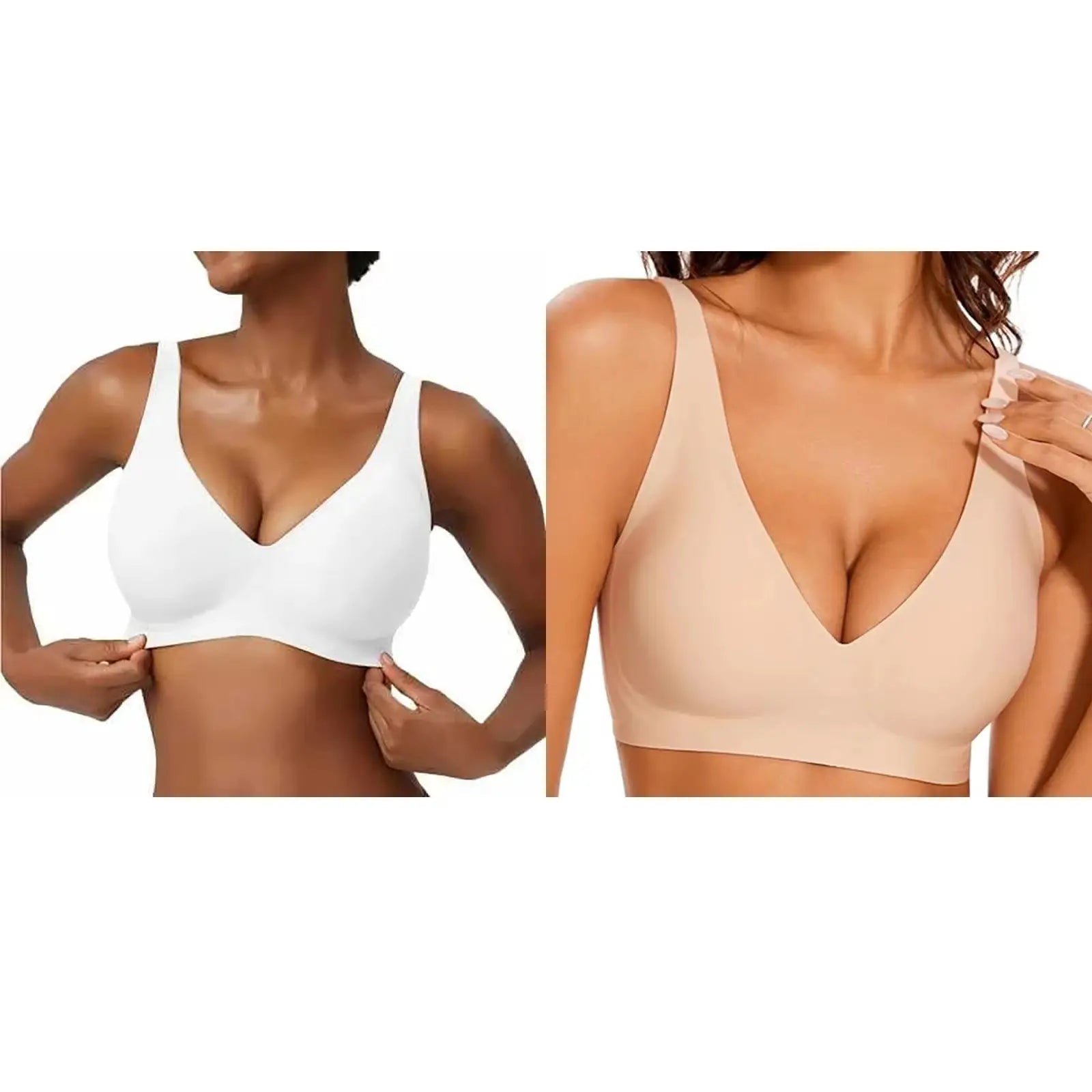 Women's seamless wire-free full-cup bra in white and nude, two-pack by Simples Market with molded cups and breathable