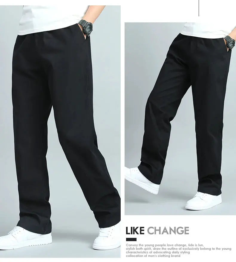 Big-size men's casual cotton trousers, black loose-fit straight pants with multiple pockets