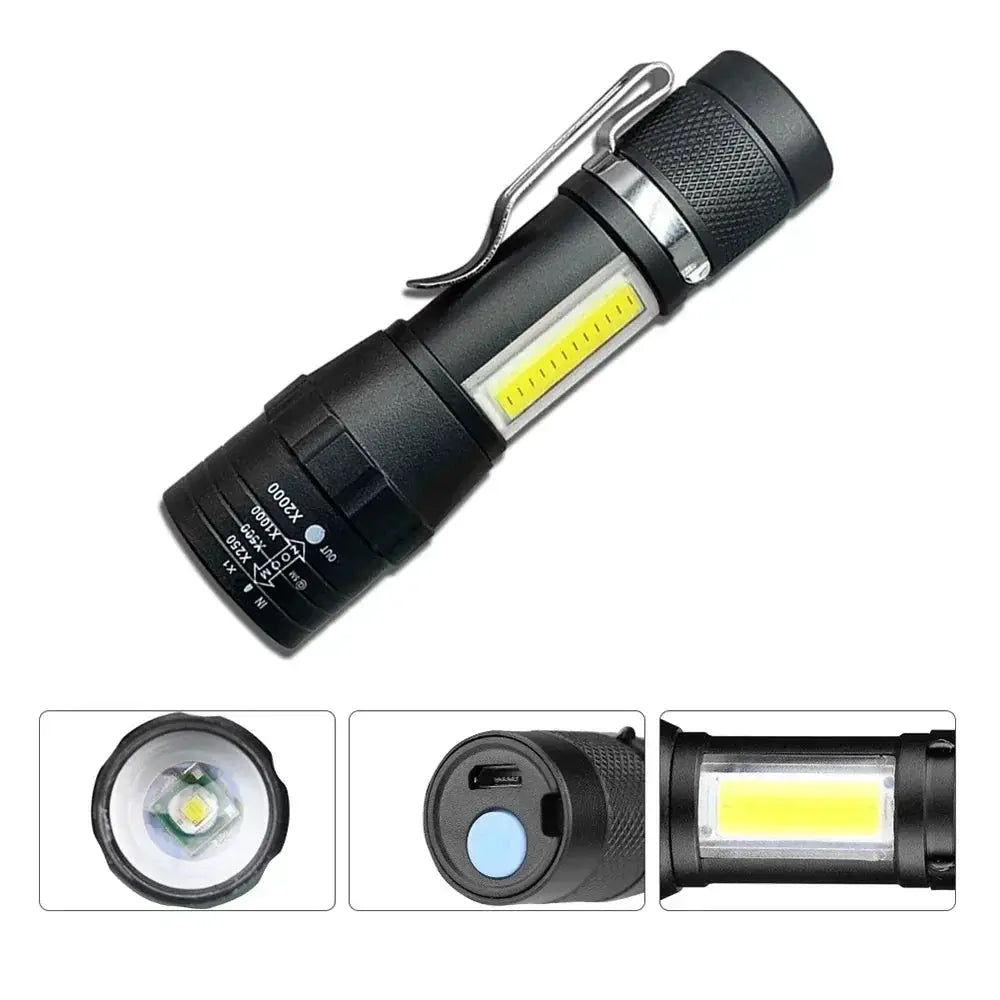 SummitBeam Portable Rechargeable LED Flashlight With Pen Clip Zoomable Waterproof Torch Side Light For Outdoors