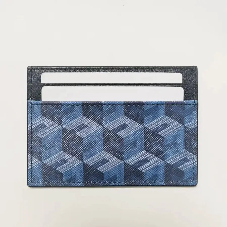 Card holder in genuine blue leather with a 3D geometric pattern and two card slots