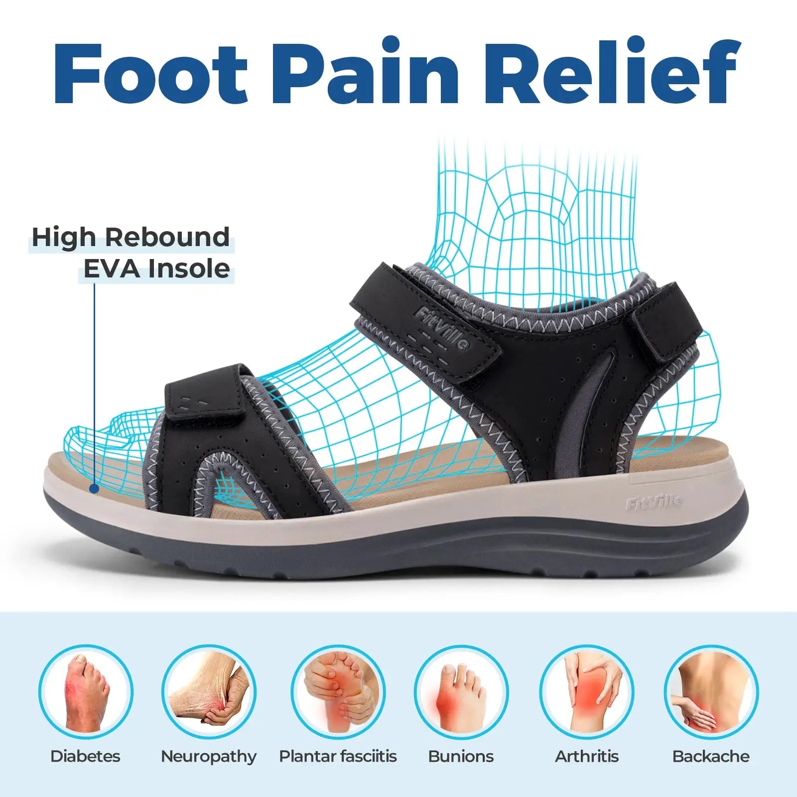 FitVille women's black orthopedic sandals with adjustable ankle straps, open toe, and high rebound EVA insole.