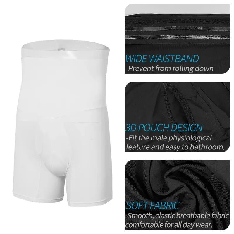 Men's body shaper compression shorts by Simples Market, white with wide waistband and 3D pouch design.