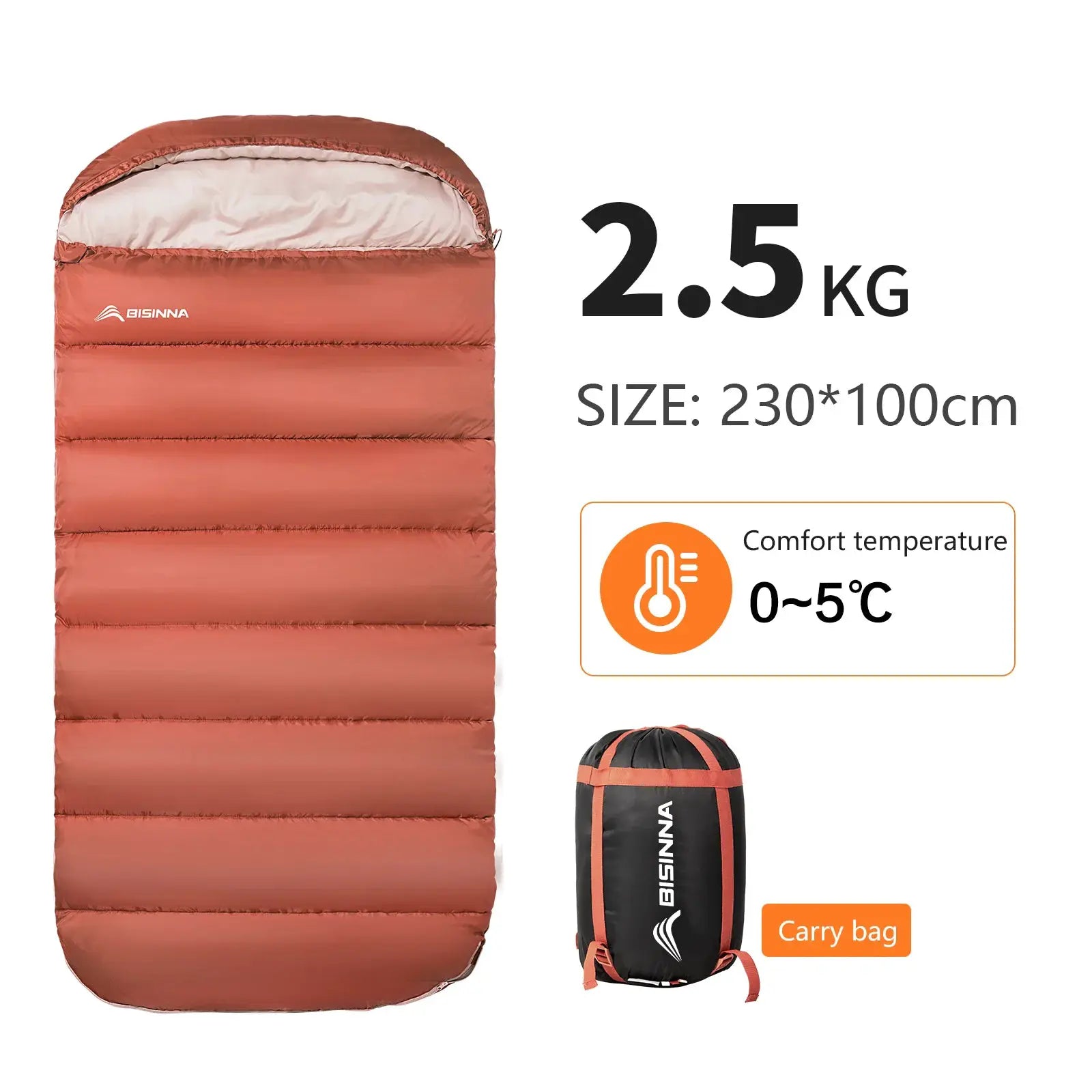 BISINNA orange camping sleeping bag, lightweight 2.5 kg, size 230×100 cm, with carry bag.