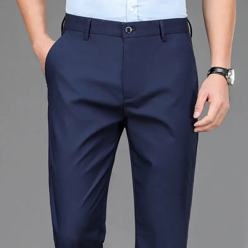 Men's navy stretch smart-casual trousers by Simples Market, office-ready straight fit
