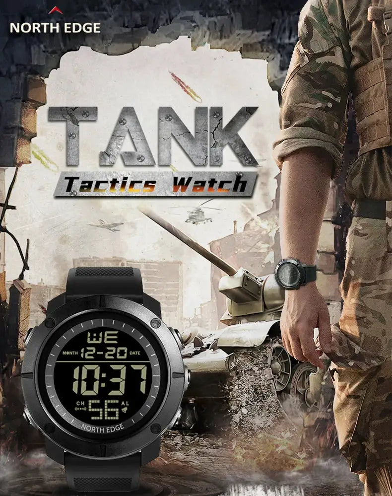 North Edge digital military watch with black rubber strap; two watches visible in rugged battlefield background.