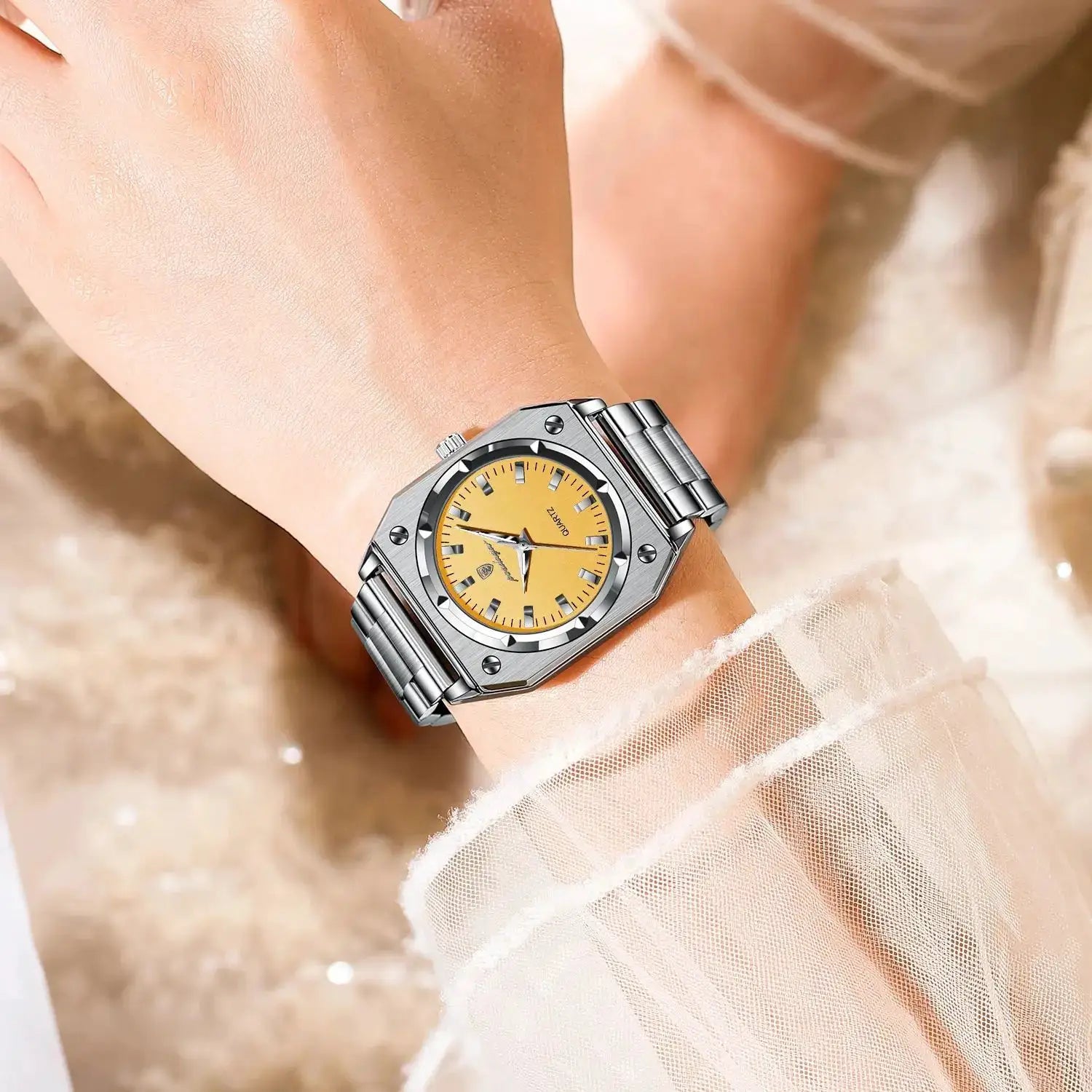POEDAGAR ladies stainless steel wristwatch with yellow dial and luminous markers, quartz movement
