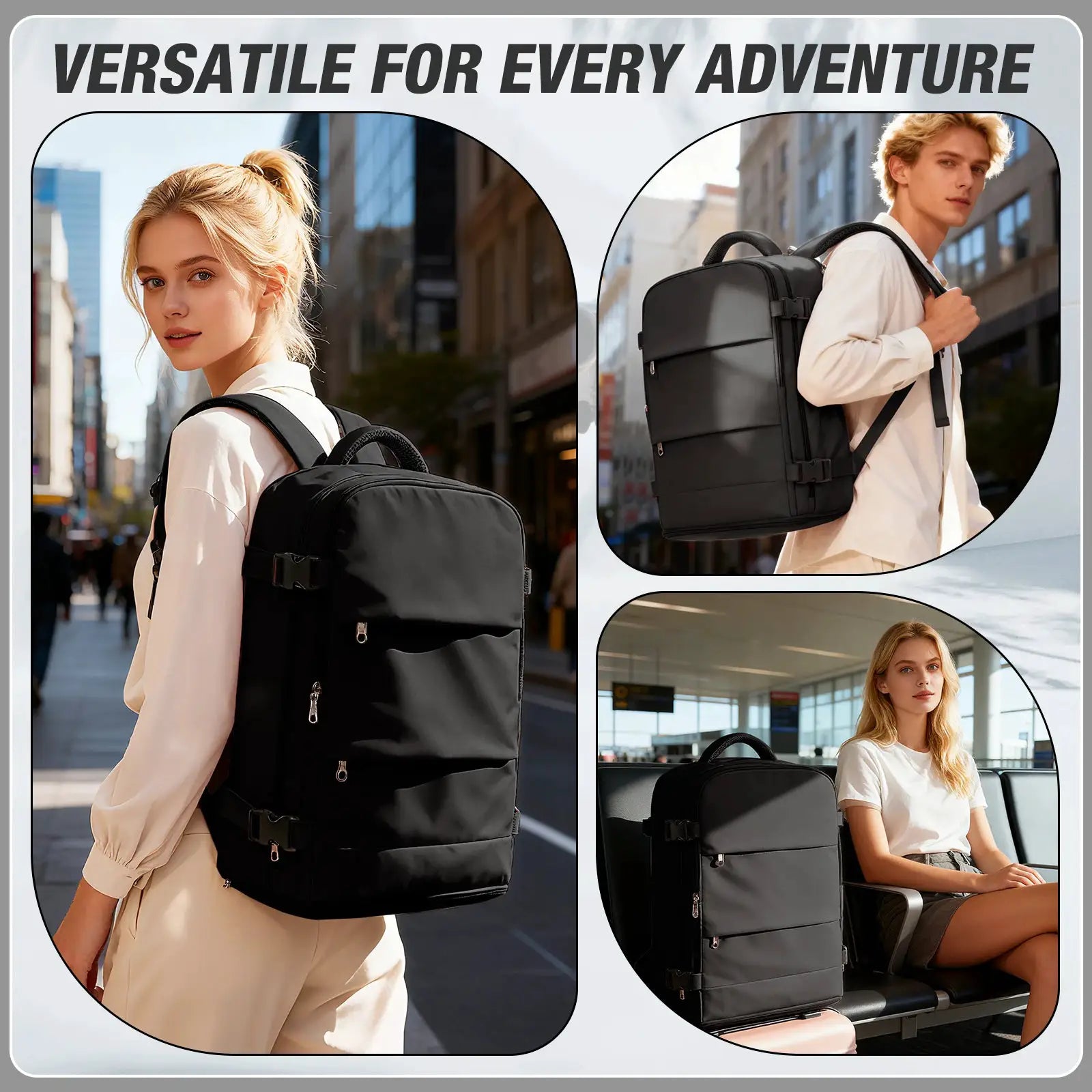 Unisex black waterproof laptop travel backpack by Simples Market, carry-on size 40x30x20.