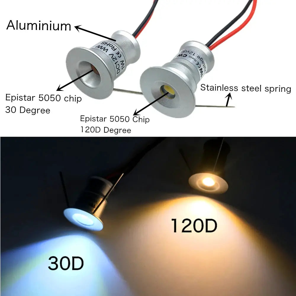 2-pack aluminum 1W LED mini downlights, 12V dimmable spotlights for stairs and cabinets (recessed)