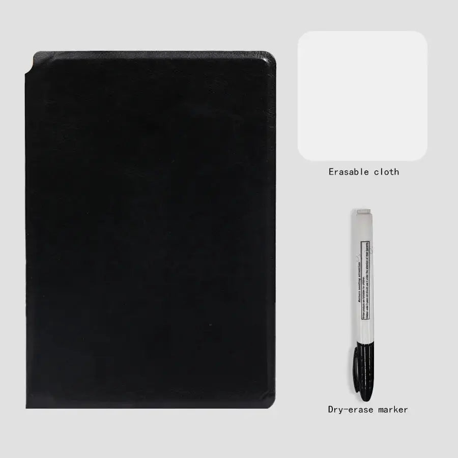 A5 portable reusable whiteboard notebook set in black leather from Simples Market with dry-erase marker and erasing cloth