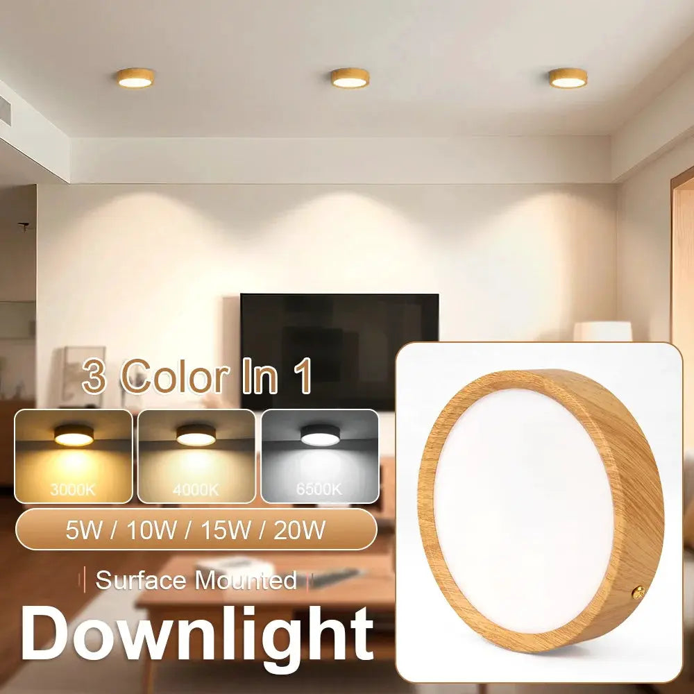 Simples Market GX53 round wooden surface-mounted downlight; 3 color temps (3000K/4000K/6500K), 5–20W options.