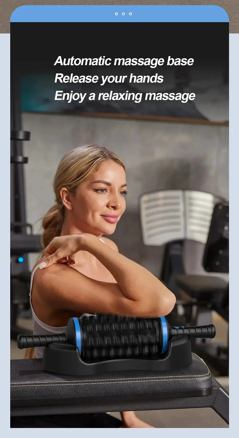Simples Market cordless roller body massager with black body and blue accents, shown in a gym.