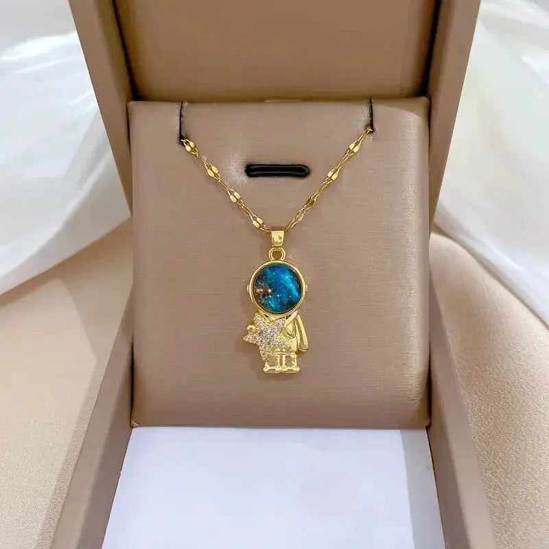 Light Luxury Titanium Steel Star Series Necklace For Women With Gold Planet Moon Astronaut Pendant Jewelry Gift
