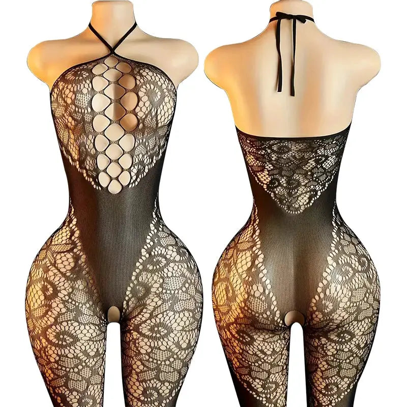 LaceNova Leopard Print Mesh Bodystocking See Through Crotchless Backless Full Sleeve Lingerie Bold Silhouette