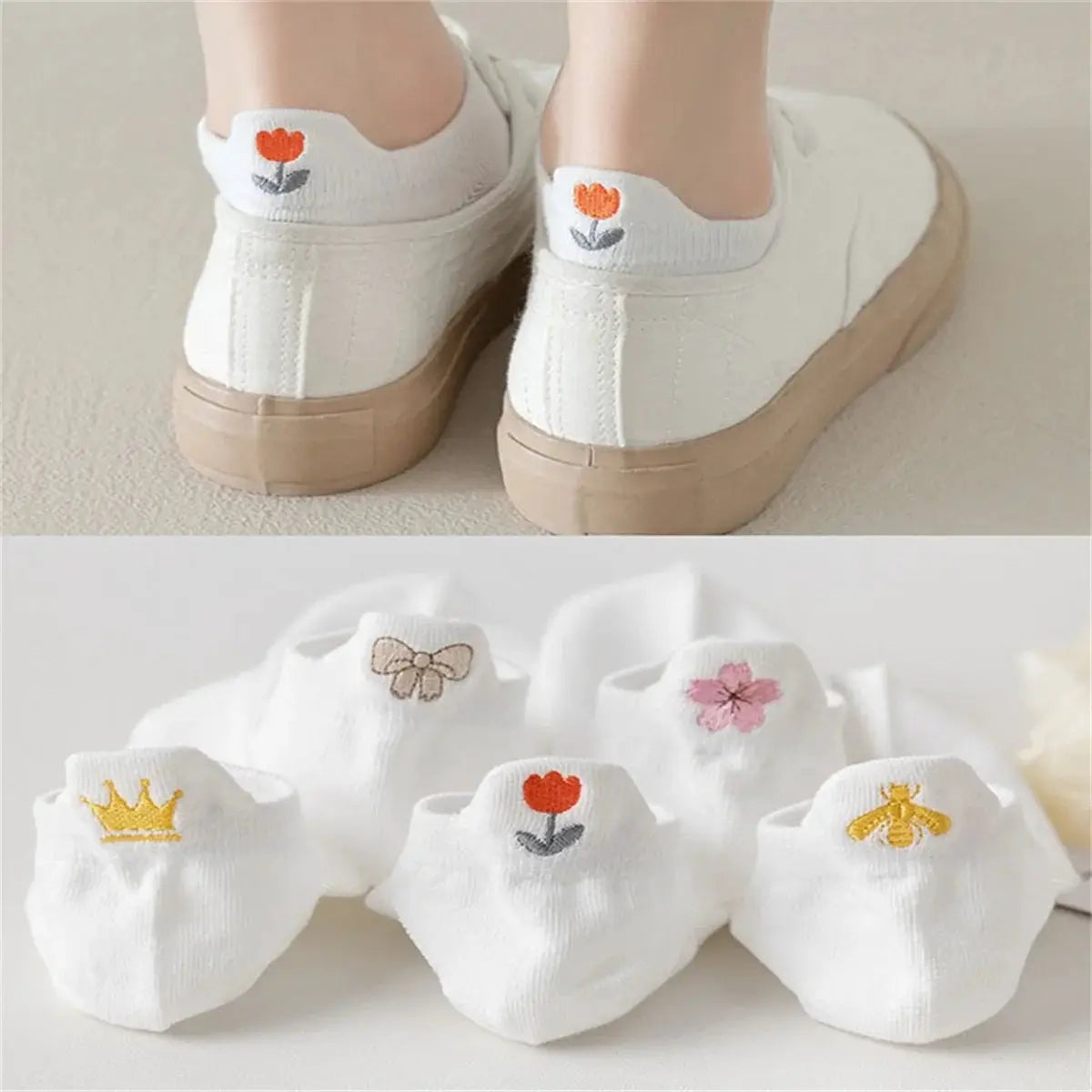 Five Pairs Embroidered Breathable Mesh White Socks For Women Featuring Crown Heart Bee Sakura And Bowknot Designs