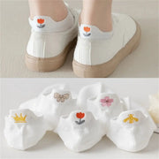 Five Pairs Embroidered Breathable Mesh White Socks For Women Featuring Crown Heart Bee Sakura And Bowknot Designs