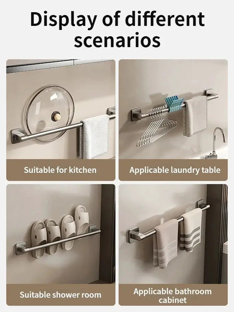 No-drill towel rack by Simples Market; stainless steel wall bar shown in four setups: kitchen, laundry, shower, cabinet.