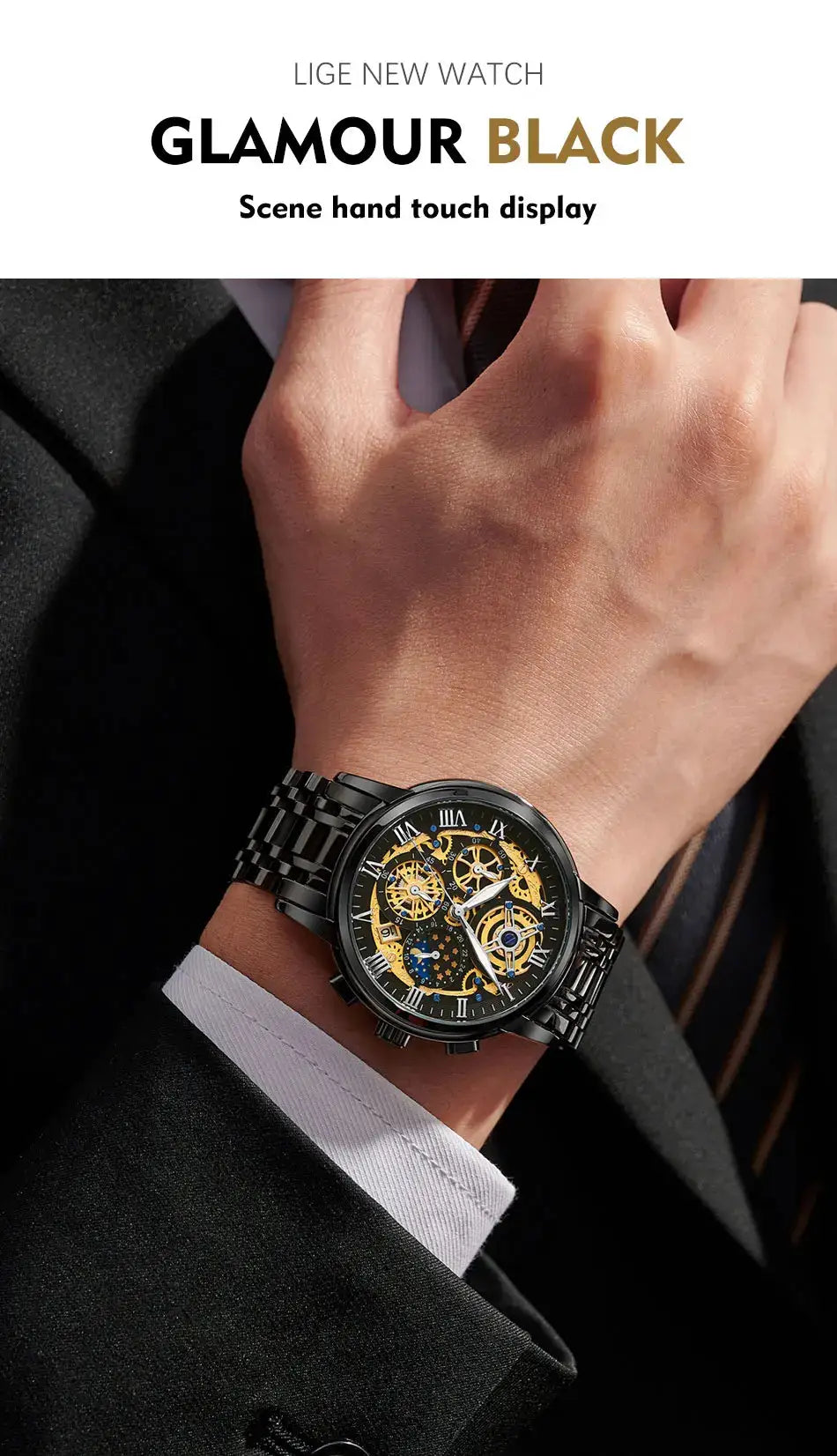 LIGE men's black skeleton steel watch with gold gears on stainless bracelet