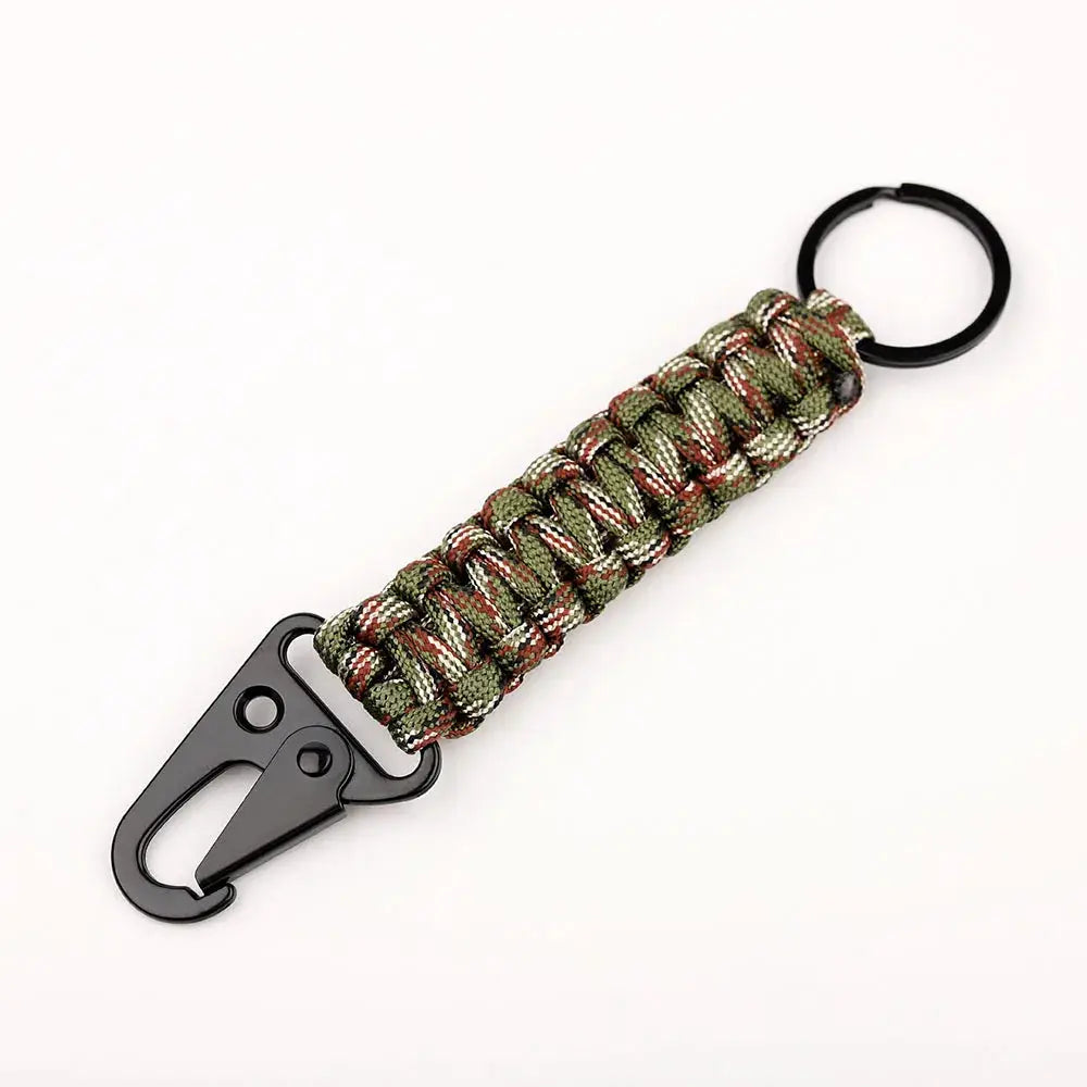 Paracord keychain in military green camouflage with carabiner bottle opener.