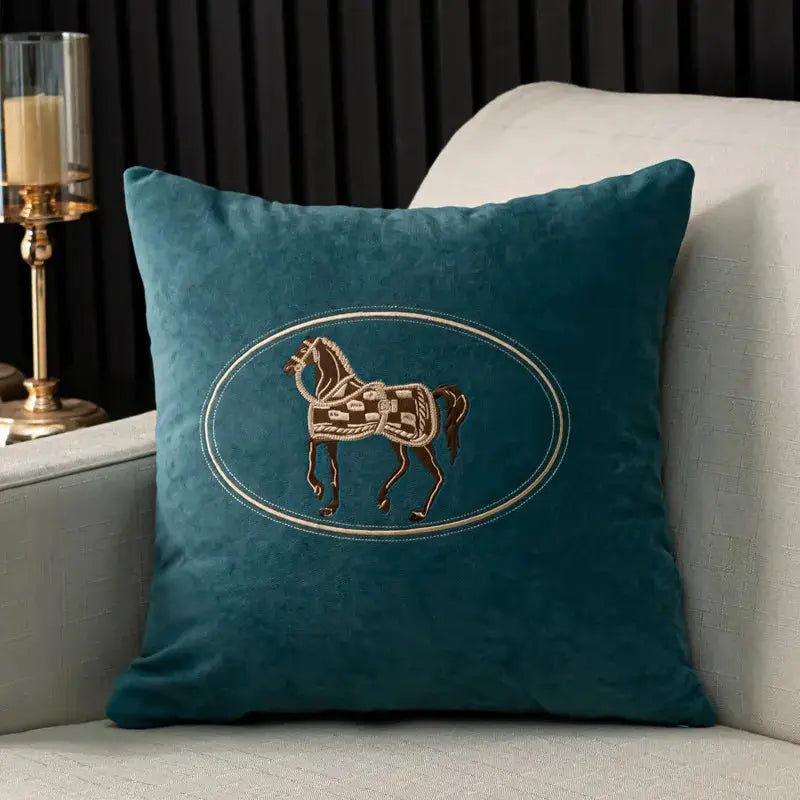 Horse-embroidered teal cushion cover with oval horse motif, 45x45 cm, by Simples Market