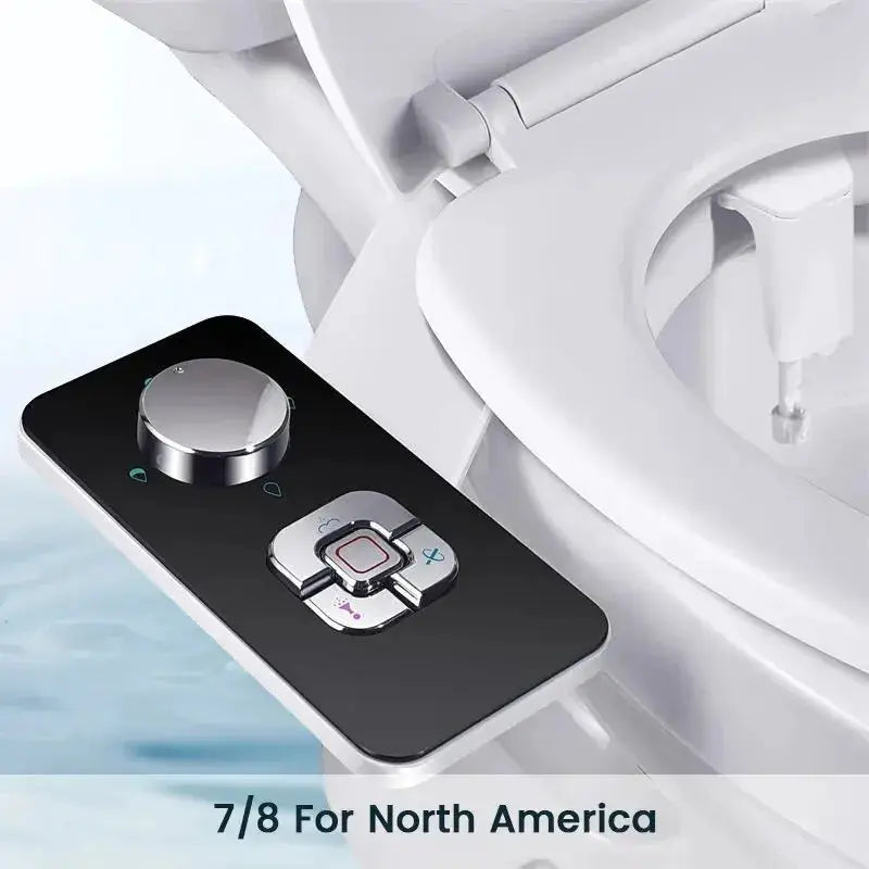 SAMODRA Bidet Attachment by Simples Market; retractable self-cleaning, black control panel on a white toilet.