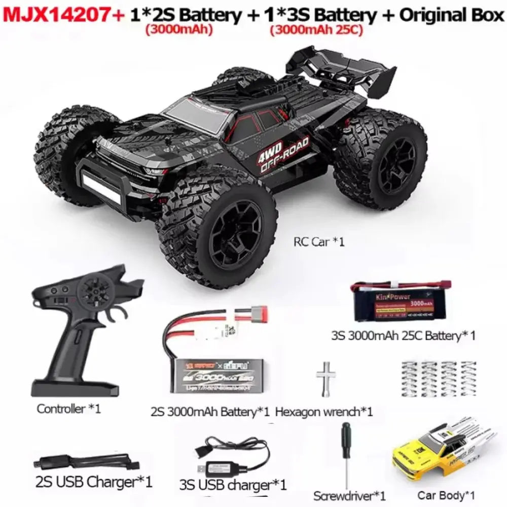 MJX Hyper Go 14207 RC car by Simples Market; black 4WD brushless off-road with controller and two batteries.