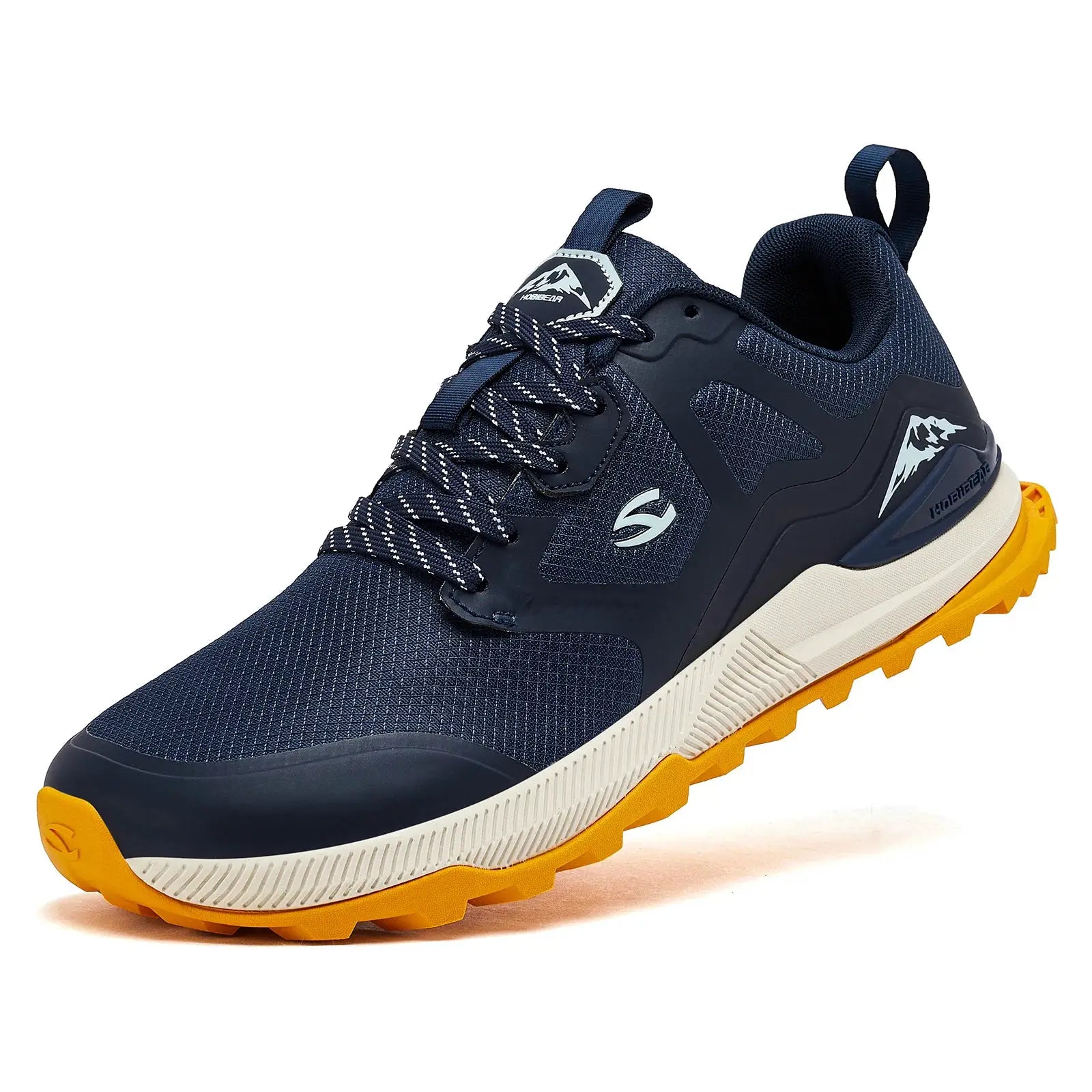 HOBIBEAR unisex hiking shoes, navy blue artificial leather upper, yellow outsole.