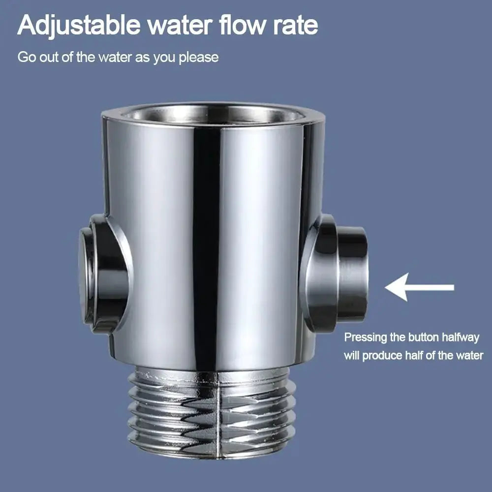 Simples Market plastic shower head arm diverter with one-button flow control, chrome finish, threaded end.