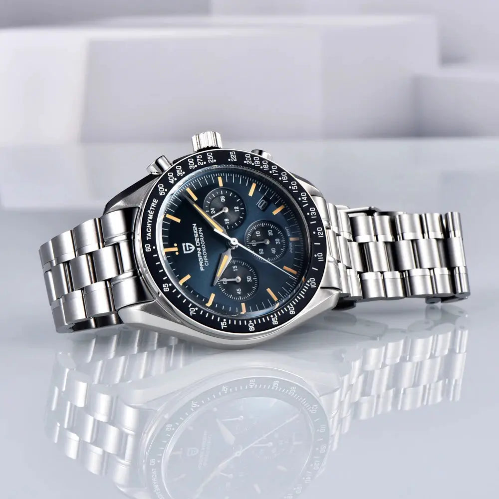 PAGANI DESIGN 500 Speedometer chronograph watch, stainless steel bracelet, blue dial, tachymeter bezel