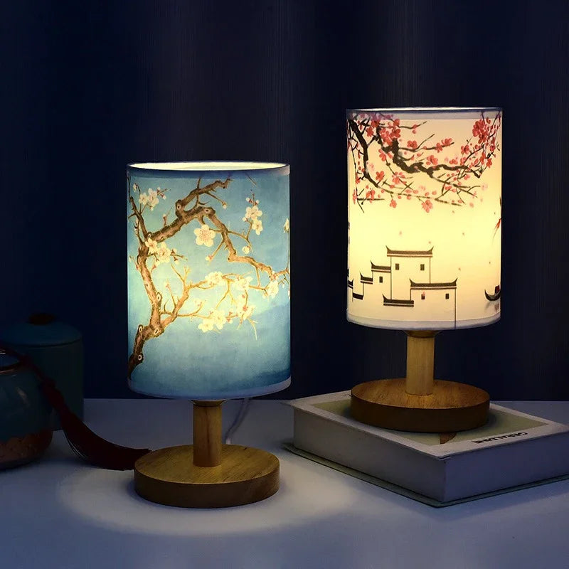 LED table lamps with plum blossom fabric shades; blue and white, dimmable EU plug, Simples Market bedside lights (pair)