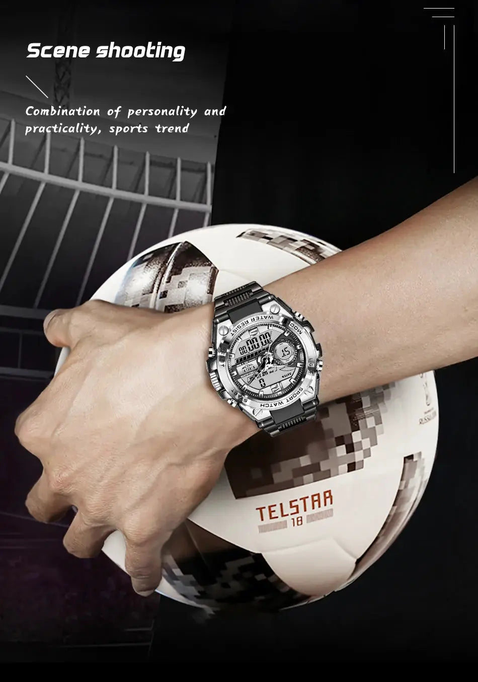 LIGE men's military digital watch with silver stainless steel case and black strap, LED display