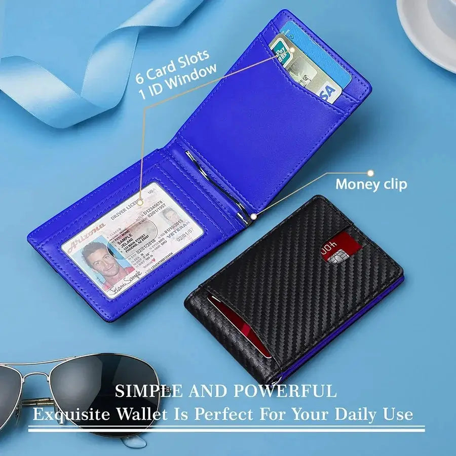 Slim smart wallet by Simples Market with 6 card slots, ID window, and money clip; blue and black wallets shown.