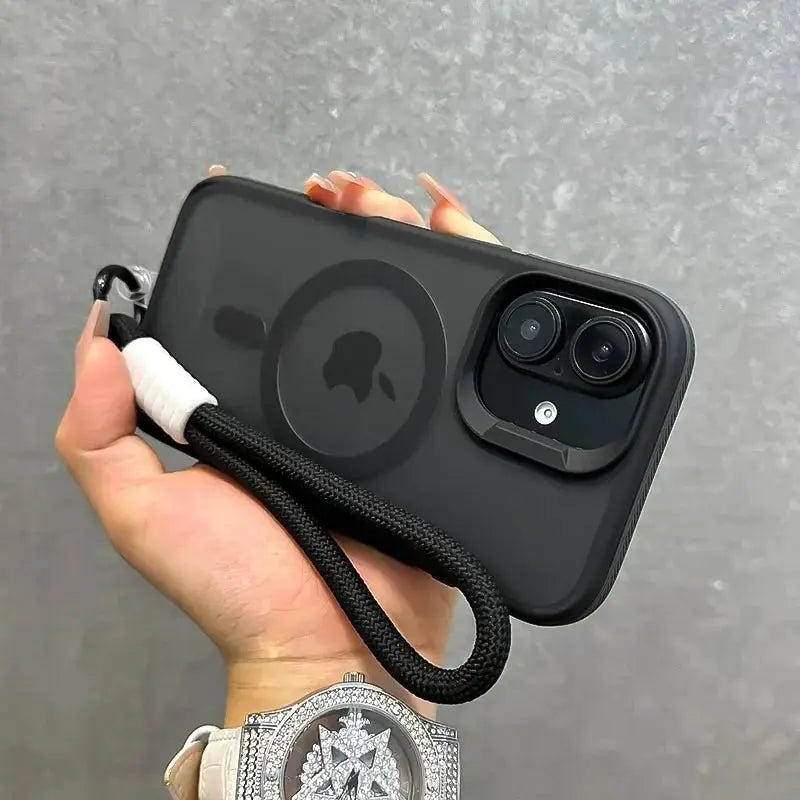 MagSafe wrist-strap phone case for iPhone with matte black finish and woven black lanyard