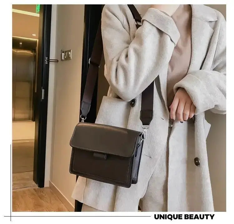 Crossbody bag, designer PU leather with flap in dark brown, compact travel shoulder purse