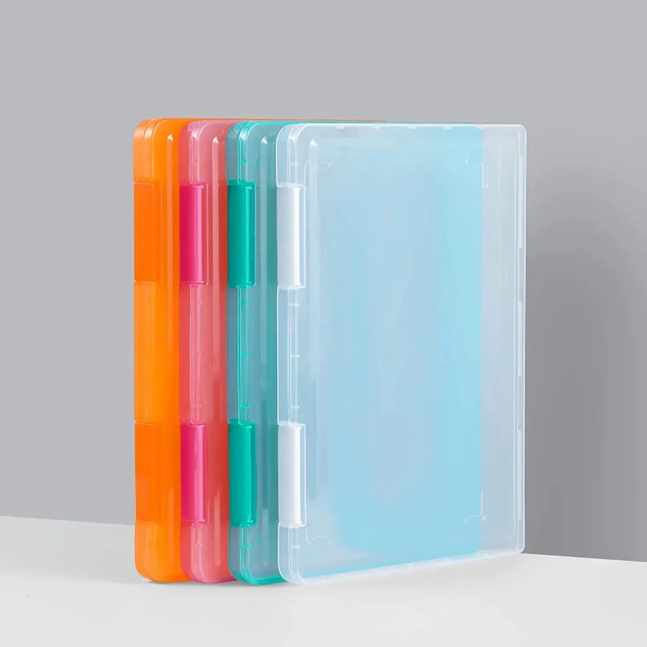 Five-piece multi-layer portable A4 PP file boxes by Simples Market in orange, pink, teal, and clear