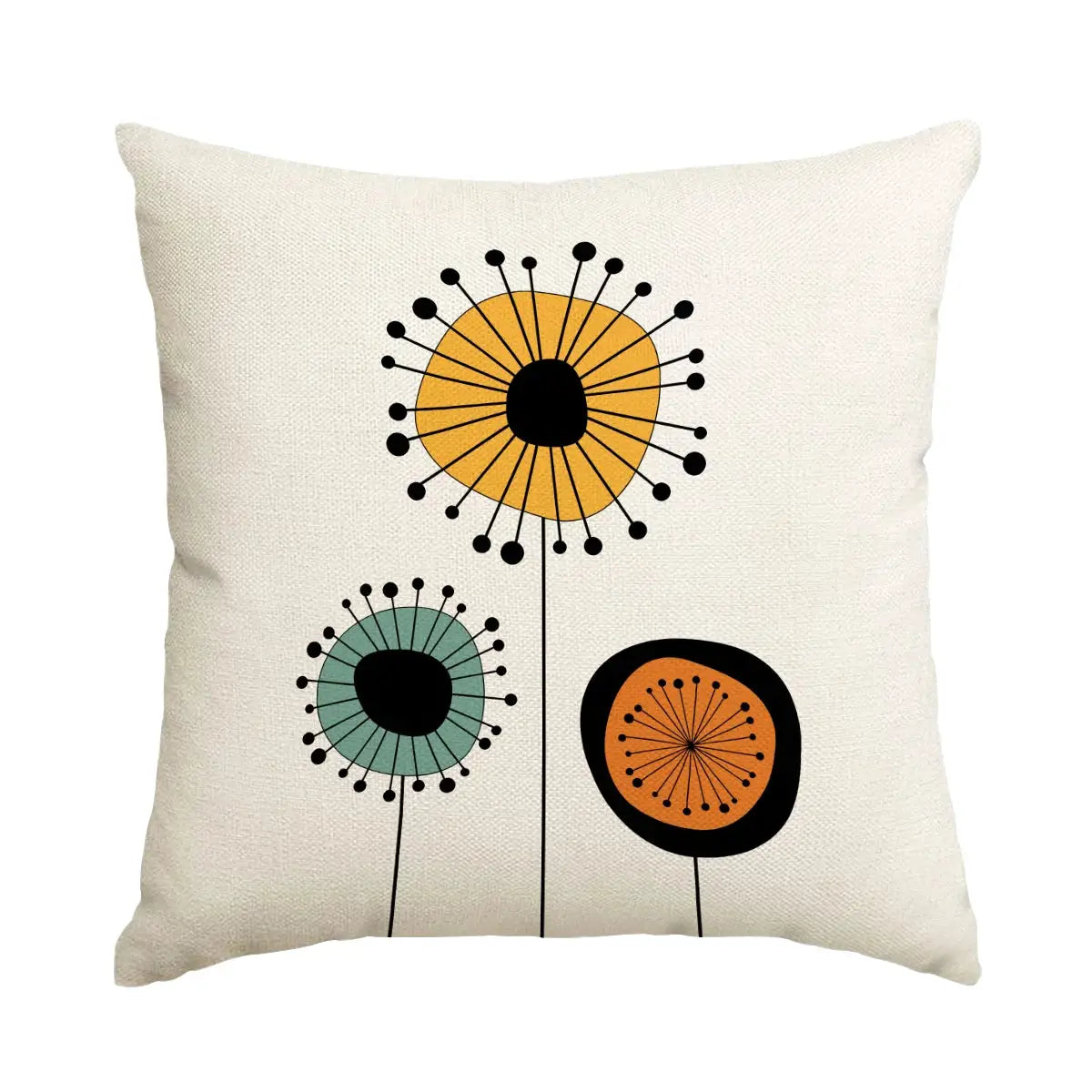 Decorative pillow cover on beige fabric with boho floral print in yellow, teal and orange.