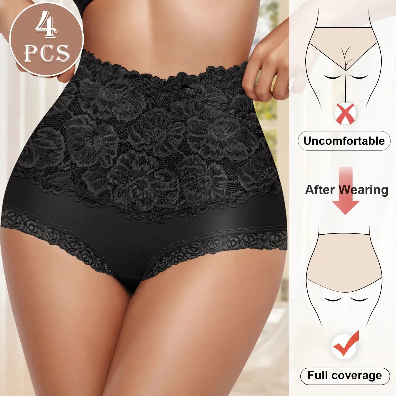 4pcs black high-waisted lace panties with floral jacquard pattern for hip lifting and full coverage