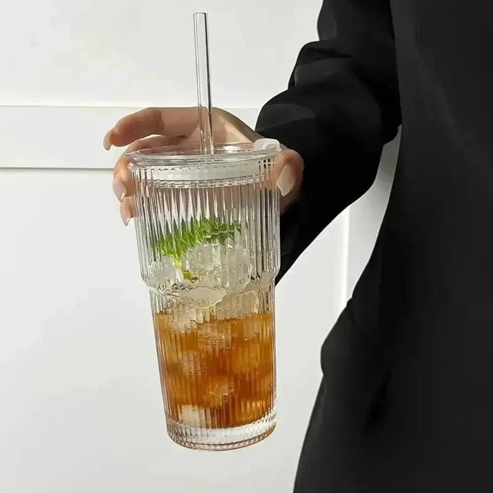600ml Stripe Glass Cup With Lid And Straw Transparent Drinking Glass