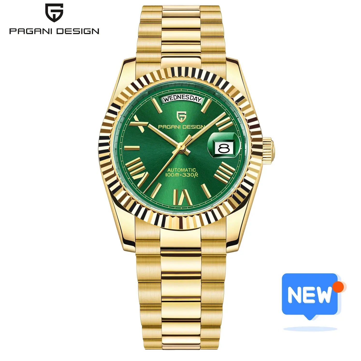 Pagani Design DD36 men's gold-tone stainless steel watch with green dial, AR sapphire glass, and date window