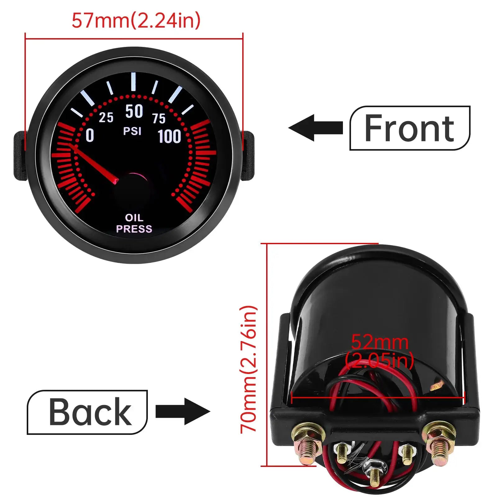 Oil pressure gauge 52mm black dial with red needle and PSI markings, shown with rear wiring housing
