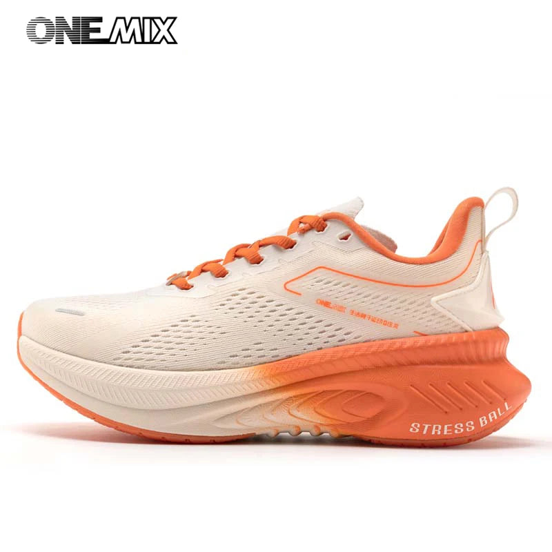 ONEMIX men's summer breathable running shoes, white mesh upper with orange trim and orange outsole