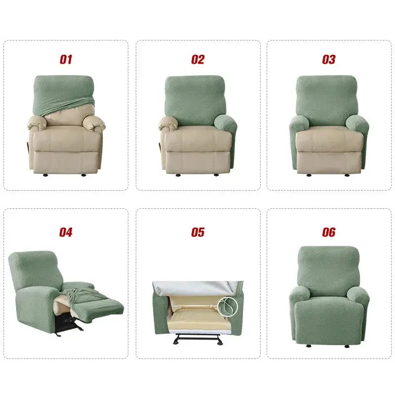 Simples Market jacquard stretch recliner sofa covers in green; six configurations shown on armchairs.
