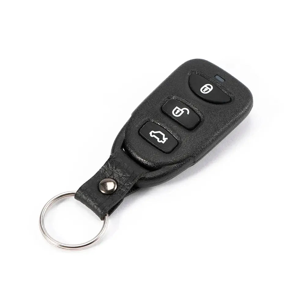 Car remote key fob with black plastic body and leather strap keyring